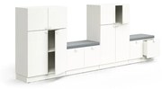 Úložná skriňa QBUS, 2 skrinky + 2 lavice, so soklom, 1257x3200x420 mm, biela, šedá poduška