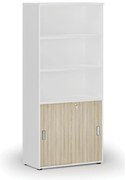 Kombinovaná kancelárska skriňa PRIMO WHITE, zasúvacie dvere na 2 poschodia, 800 x 420 x 1781 mm, biela/dub prírodná