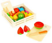 Drevená zelenina a ovocie na krájanie, drevená debnička + 17 prvkov