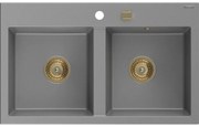 Mexen Hektor, 2-komorový granitový drez 800x480x205 mm, šedá, zlatý sifón, 6521802000-71-G