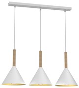 Závesné svietidlo Peru, 3x zlaté/biele kovové tienidlo, w/drevo