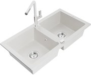 Mexen Mario, 2-komorový granitový drez 820x436x161 mm a drezová batéria Flora, biela, 6504-20-670401-02