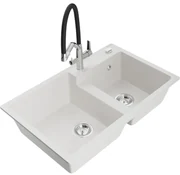 Mexen Tomas, 2-komorový granitový drez 800x500x190 mm  a kuchynská batéria Duo, biela, 6516-20-671701-07