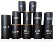 Súprava 11 ks plechových dóz na potraviny, čierne s nápisom, s bambusovým vekom SADA