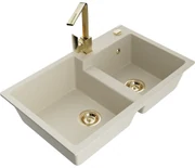 Mexen Tomas, granitový drez 800x500x190 mm, 2-komorový a zlatá batéria Rita, béžová, 6516-69-670300-50