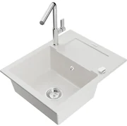 Mexen Enzo, 1-komorový granitový drez 576x465x174 mm a drezová batéria Flora, biela, 6506-20-670401-00