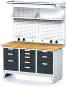 Alfa 3 Dielenský stôl MECHANIC I, perfopanel, polica, el. zásuvky, osvetlenie, 1x 5 a 2x 3 zásuvkový box na náradie, 11 zásuviek, antracit