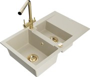 Mexen Gaspar granitový 1,5-komorový drez s odkvapkávačom a kuchynskou batériou Duero, Béžová - 6507-69-671600-50