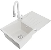 Mexen Cesar, 1-komorový granitový drez 775x470x190 mm a drezová batéria Savita, biela, 6514-20-672601-20
