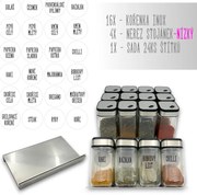 usporadejto.cz Súprava 16ks koreničiek INOX 100ml + 4ks nerezový organizér na koreničky VASKY - NEREZ (nízky) + súprava 24ks štítkov