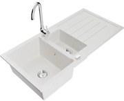 Mexen Andres 1,5-komorový granitový kuchynský drez s odkvapkávačom 100x50 cm a kuchynská batéria Telma, biela, 6515-20-670200-00