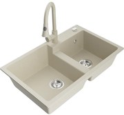 Mexen Tomas, 2-komorový granitový drez 800x500x190 mm a drezová batéria Elia, béžová, 6516-69-670101-69