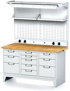 Alfa 3 Dielenský stôl MECHANIC I, perfopanel, polica, el. zásuvky, osvetlenie, 1x 5 a 2x 3 zásuvkový box na náradie, 11 zásuviek, sivé