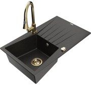 Mexen Cesar, 1-komorový granitový drez 775x470x190 mm a drezová batéria Elia, čierna-zlatá metalíza, 6514-75-670101-50