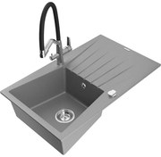 Mexen Cesar, 1-komorový granitový drez 775x470x190 mm a drezová batéria Duo, šedá, 6514-71-671701-07