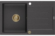 Mexen Bruno, granitový drez 795x495x200 mm, 1-komorový, čierna škvrnitá so zlatým sifónom, 6513791010-76-G