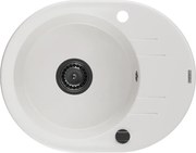 Mexen Kevin granitový jednokomorový drez s odkvapkávačom 586 x 458 mm, Biela, Sifón Čierna - 6517581005-20-B