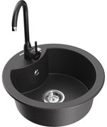 Mexen Diego, 1-komorový granitový drez 488x488x167 mm, chrómový sifón, čierna matná batéria Telma, čierna škvrnitá, 6512-76-670200-70