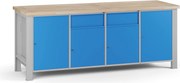 Dielenský pracovný stôl G7, buková škárovka, 2100 x 685 x 840 mm, 4x skrinka, 2 zásuvky, modrá