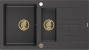 Mexen Matias granitový 1,5-komorový drez s odkvapkávačom 900 x 505 mm, Čierna škvrnitá, Sifón Zlatá - 6502901505-76-G