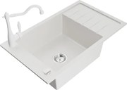 Mexen Elias granitový jednokomorový drez s odkvapkávačom a kuchynskou batériou Carla, Biela - 6511-20-670700-20