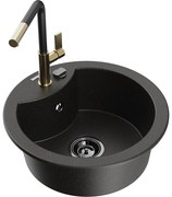 Mexen Diego, 1-komorový granitový drez 488x488x167 mm a drezová batéria Flora, čierna-zlatá metalíza, 6512-75-670401-57-B