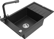 Mexen Elias granitový jednokomorový drez s odkvapkávačom a kuchynskou batériou Duero, Čierna/Strieborná metalíza - 6511-73-67160