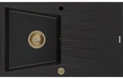 Mexen Cesar granitový jednokomorový drez s odkvapkávačom 775 x 470 mm, Čierna, Sifón Zlatá - 6514771010-77-G