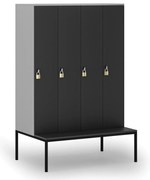 Drevená šatníková skrinka S4 s lavičkou, 4 oddiely, 1871 x 1200 x 500/800 mm, demont, otočný zámok, sivá/grafit