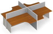 Rohový kancelársky písací stôl PRIMO s paravánom, otvorený, nástenka, 4 miesta, sivá/čerešňa