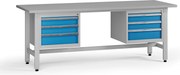Výškovo nastaviteľný dielenský stôl G5, 2100 x 750 x 800-1000 mm, 2x kontajner, 6 zásuviek, modrá