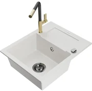 Mexen Enzo, 1-komorový granitový drez 576x465x174 mm a drezová batéria Flora, biela, 6506-20-670401-57-B