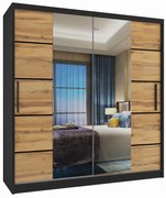 Šatníková skriňa 158 cm Belini čierny mat / dub wotan s posuvnými dverami zrkadlom a zásuvkami  ME SZP7/0/B/DW/0/KLP/