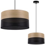 Závesné svietidlo Wood, 1x dýha zlatý dub/čierne PVC tienidlo, (fi 30cm)