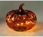 Sklenená svietiaca tekvica 15 x 13 cm, červená, 10 LED diód, na batérie, časovač