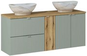 Závěsná skříňka Line Reed Green Pati s deskou a umyvadly 140 cm zelená/dub coast evoke