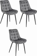 Set troch jedálenských stoličiek BERA zamatové tmavosivé / čierne nohy (3ks)