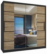 Šatníková skriňa 200 cm Belini čierny mat / dub sonoma s posuvnými dverami zrkadlom a zásuvkami  ME SZP5/1/B/DS/0/KLP