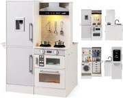 Obojstranná detská kuchynka Drevená detská kuchynka s vodným dávkovačom a odsávačom pár Biela