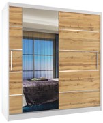 Šatníková skriňa 158 cm Belini biely mat / dub wotan s posuvnými dverami zrkadlom a zásuvkami  MBP SZP7/0/W/DW/0/KLAL