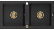 Mexen Mario, granitový drez 820x436x161 mm, 2-komorový, čierna-strieborná metalíza so zlatým sifónom, 6504822000-73-G