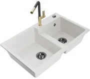 Mexen Tomas, 2-komorový granitový drez 800x500x190 mm a drezová batéria Flora, biela, 6516-20-670401-57-B