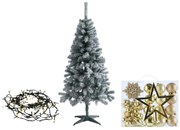 Livarno home Zasnežený umelý vianočný stromček, 150 cm + Svetelná LED reťaz, teplá biela + Ozdoby, zlaté  (800010998)