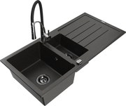Mexen Andres granitový 1,5-komorový drez s odkvapkávačom a kuchynskou batériou Aster, Čierna/Zlatá metalíza - 6515-75-73450-07-B