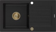 Mexen Pablo granitový jednokomorový drez s odkvapkávačom 752 x 436 mm, Čierna, Sifón Zlatá - 6510751010-77-G