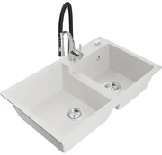 Mexen Tomas, 2-komorový granitový drez 800x500x190 mm a drezová batéria Aster, biela, 6516-20-73450-07