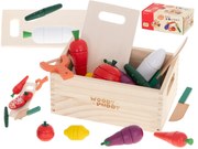 KIK Drevená magnetická zelenina na krájanie v krabici so škrabkou - detská kuchynská súprava