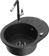 Mexen Kevin granitový jednokomorový drez s odkvapkávačom a kuchynskou batériou Flora, Čierna/Strieborná metalíza - 6517-73-67040