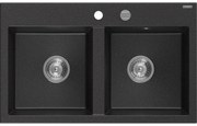 Mexen Hektor, 2-komorový granitový drez 800x480x205 mm, čierna-strieborná metalíza, chrómový sifón, 6521802000-73