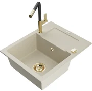 Mexen Enzo, 1-komorový granitový drez 576x465x174 mm a drezová batéria Flora, béžová, 6506-69-670401-57-G